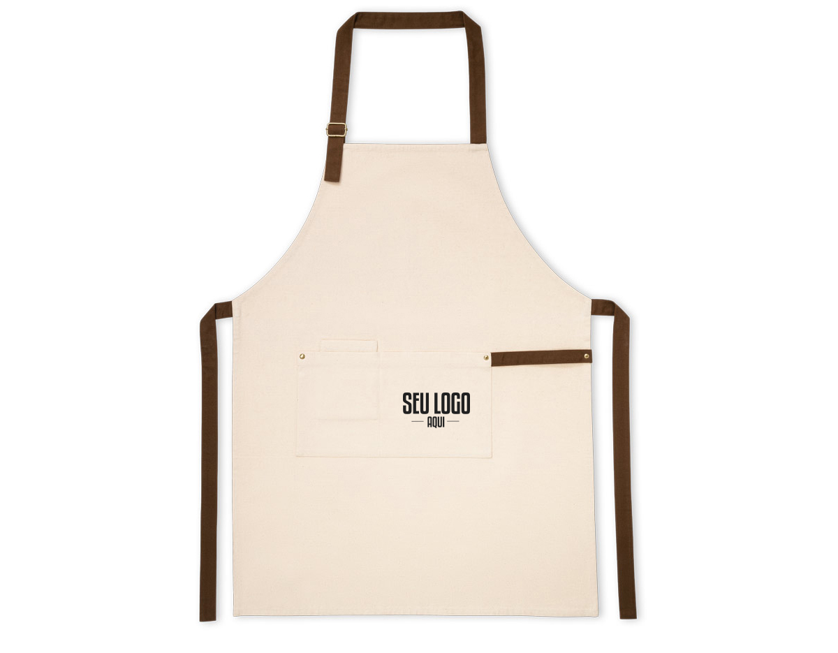 Avental em 100% algodão canvas (320 g/m²) com detalhes em metal. Com 3 bolsos multifuncionais e uma tira lateral (para suporte de um pano de cozinha). Tira do pescoço facilmente ajustável