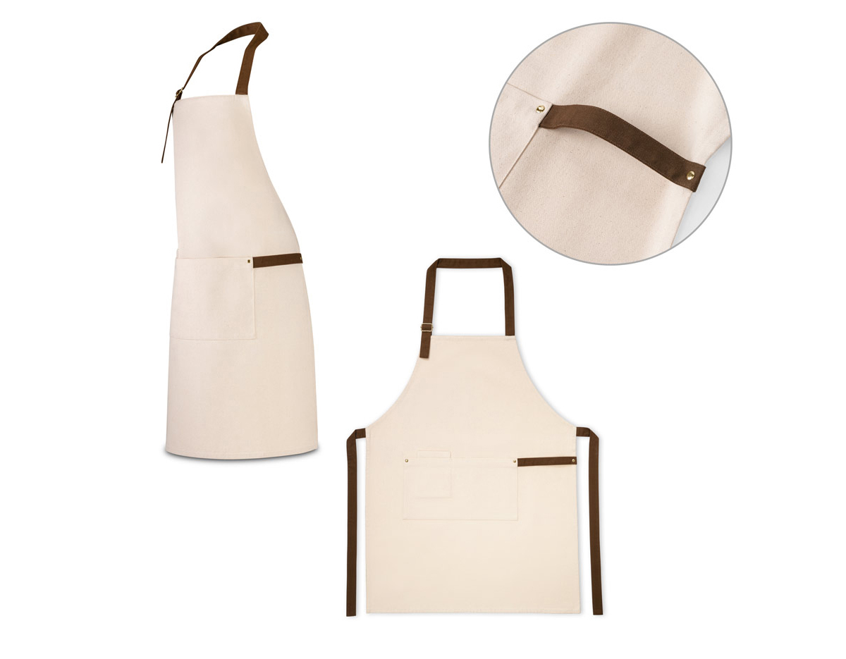 Avental em 100% algodão canvas (320 g/m²) com detalhes em metal. Com 3 bolsos multifuncionais e uma tira lateral (para suporte de um pano de cozinha). Tira do pescoço facilmente ajustável