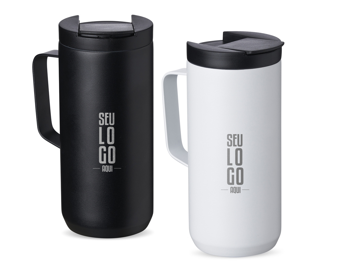 Caneca térmica de inox em parede dupla livre de BPA, capacidade de 400ml. Contém base antiderrapante e tampa plástica com bocal e trava de segurança.