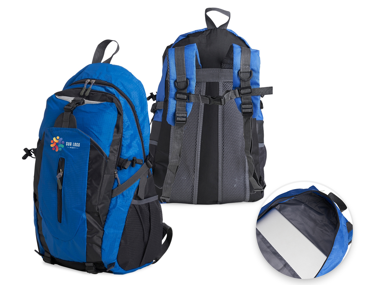 Mochila esportiva de 28 litros em nylon resistente à água com quatro compartimentos, sendo o principal com bolso para notebook 15’6 polegadas. Contém bolsos laterais em malha, alças e área costada com revestimento espumado e alças de compressão.