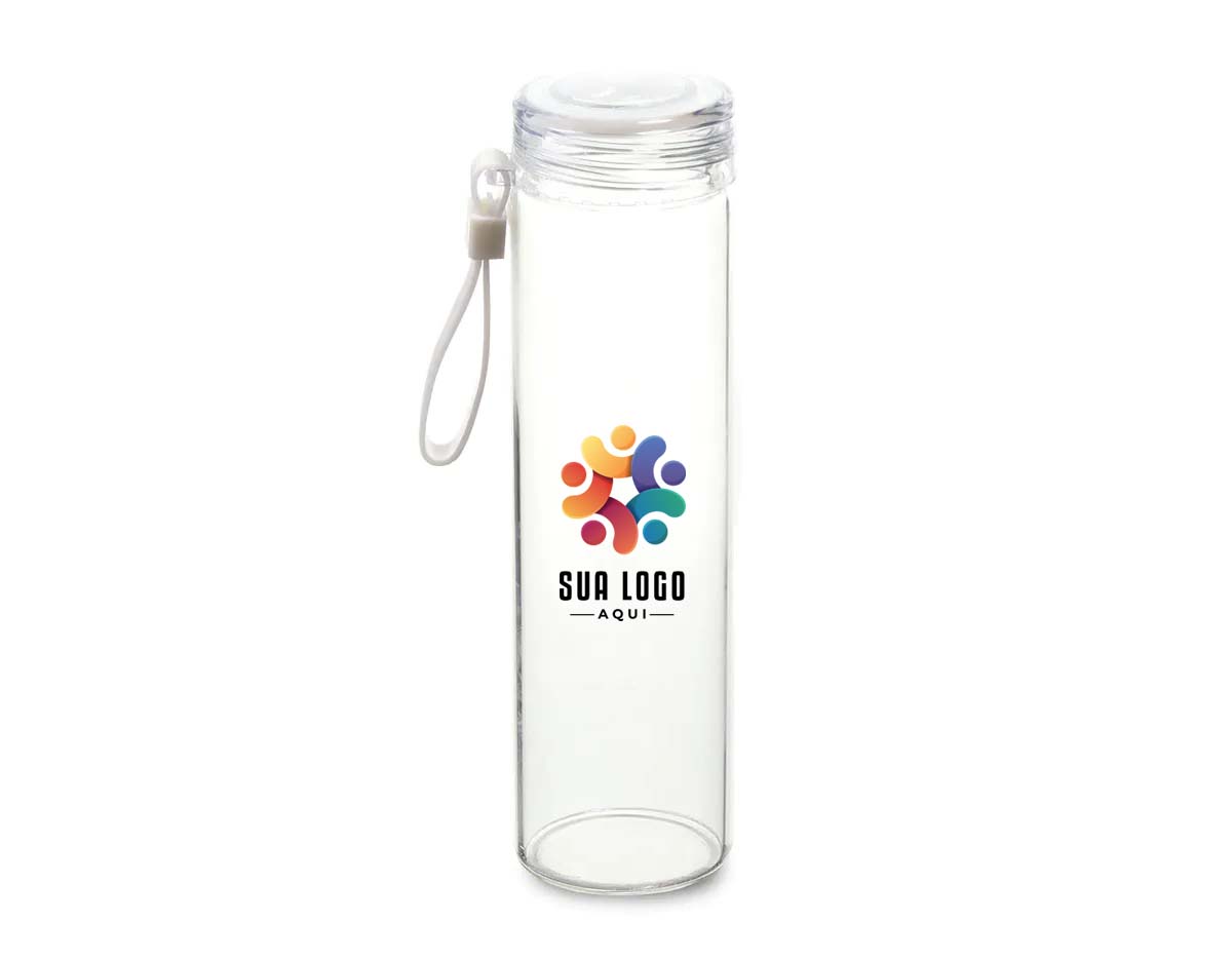 Garrafa em vidro borossilicato com capacidade de 400ml. Alça de transporte em silicone. Tampa de plástico rosqueável com anel de silicone.

