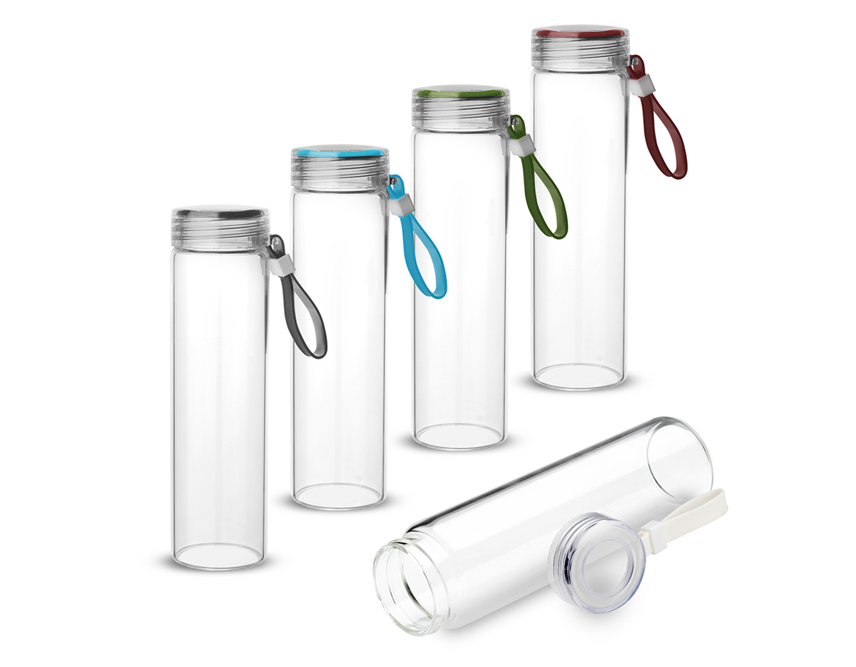 Garrafa em vidro borossilicato com capacidade de 400ml. Alça de transporte em silicone. Tampa de plástico rosqueável com anel de silicone.

