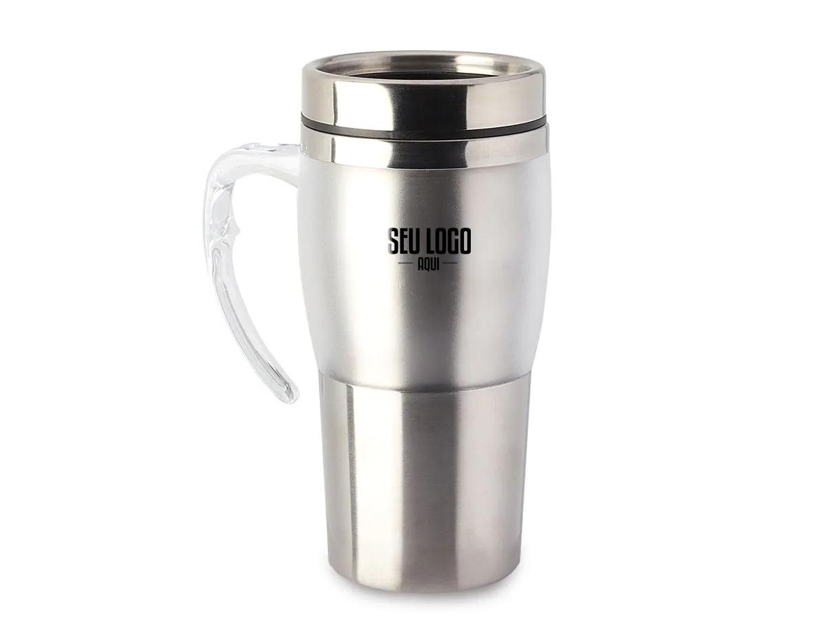 Caneca em aço inox com detalhe plástico colorido, alça na cor do produto. Pintura: corpo escovado, detalhe plástico com pintura fosca. Capacidade: 400ml