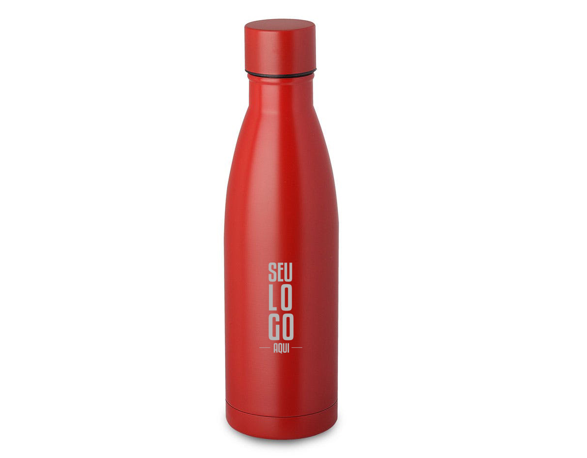 Garrafa térmica em aço inox com parede dupla isoladao à vácuo, com tampa de inox na cor do produto e anel de silicone para vedação. Capacidadede até 500ml, pintura fosca.Livre de Bpa