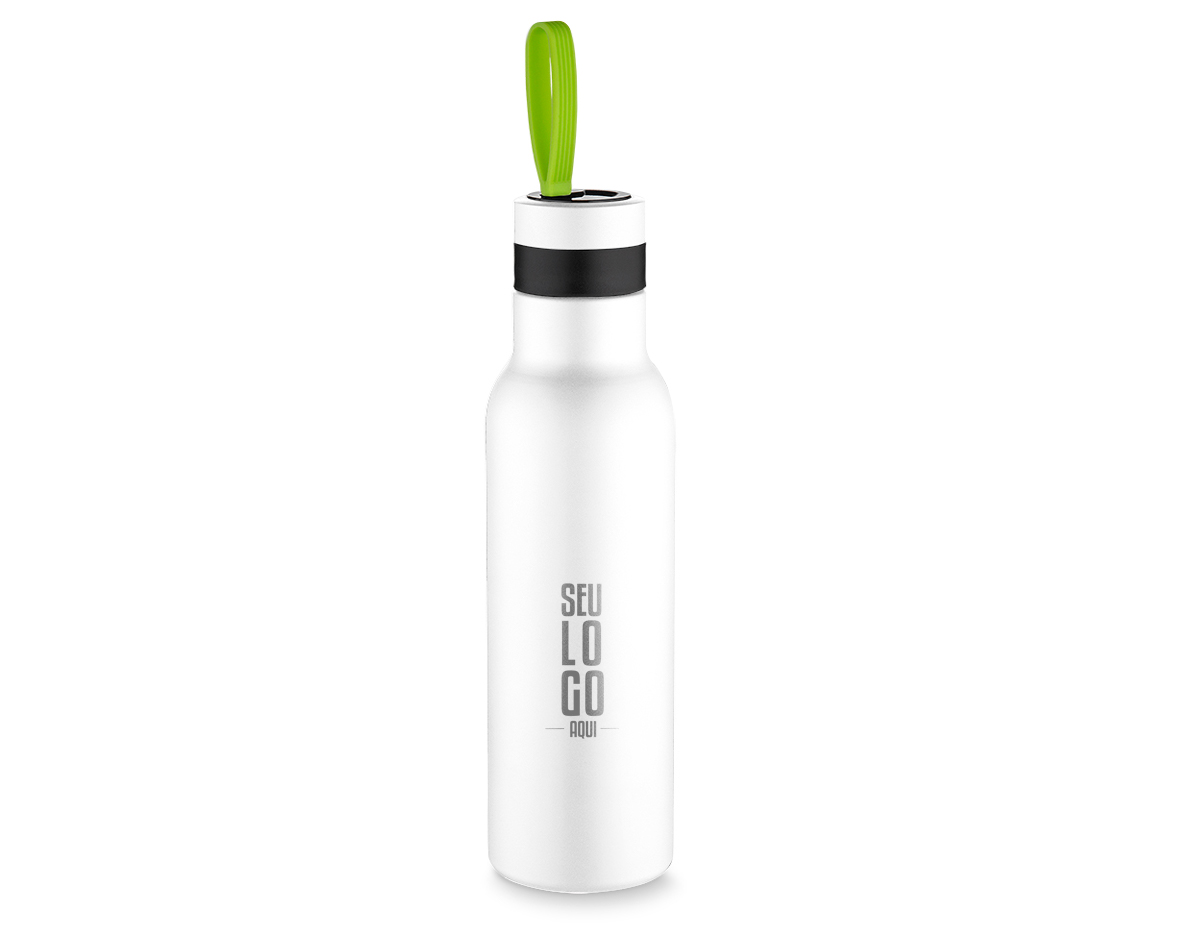 Garrafa térmica em aço inox fosca com parede dupla isolada a vácuo, com capacidade de até 500ml com alça emborrachada. Tampa rosqueável e anel de silicone para vedação. Conserva líquido quente até 12 horas e frio ate 18 horas.