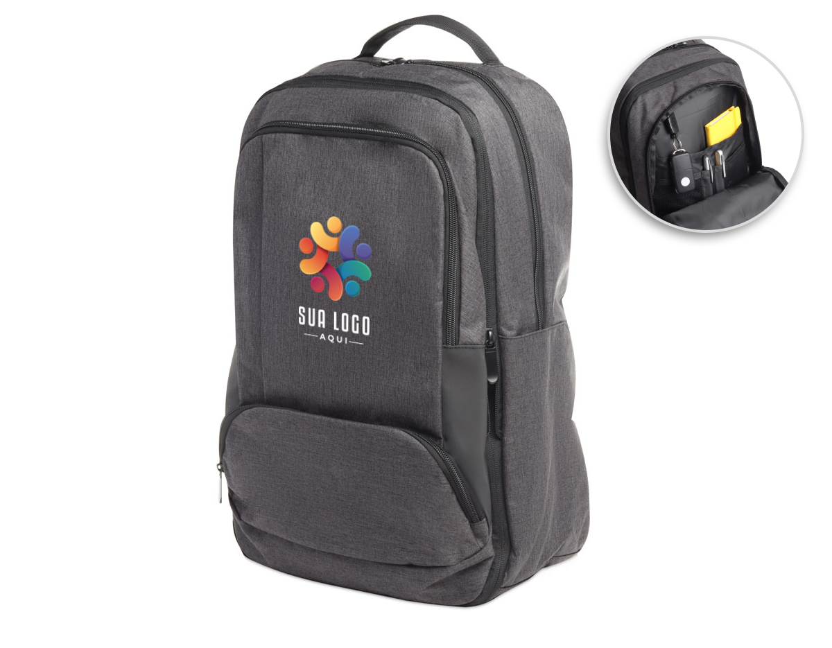 Mochila para notebook em tecido poliéster 600D na cor grafite.
Parte externa: 1 Compartimento, 2 Bolsos frontais com zíper, 2 Bolsos laterais, engate para mala de viagem, zíper para expansão do espaço interno, alça de mão e alça de ombro acolchoada
Parte interna: Compartimento acolchoado para notebook de até 15 e espaço para porta caneta e acessórios.