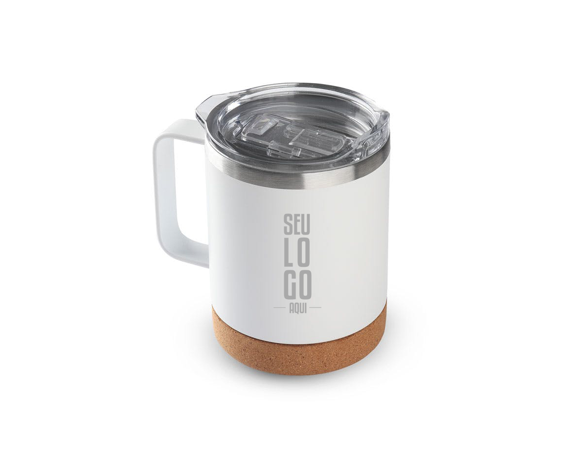 Caneca térmica em aço inox com parede dupla isolada à vácuo, tampa plástica e anel em silicone para vedação, alça lateal em inox na cor do produto, base em cortiça. Capacidade 350ml.