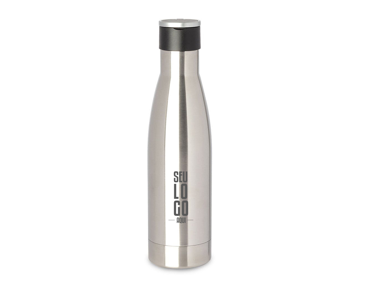Garrafa térmica em aço inox isolada a vácuo com parede dupla, tampa de plástico com alça de transporte de aço inoxidável. Com capacidade de até 500ml.