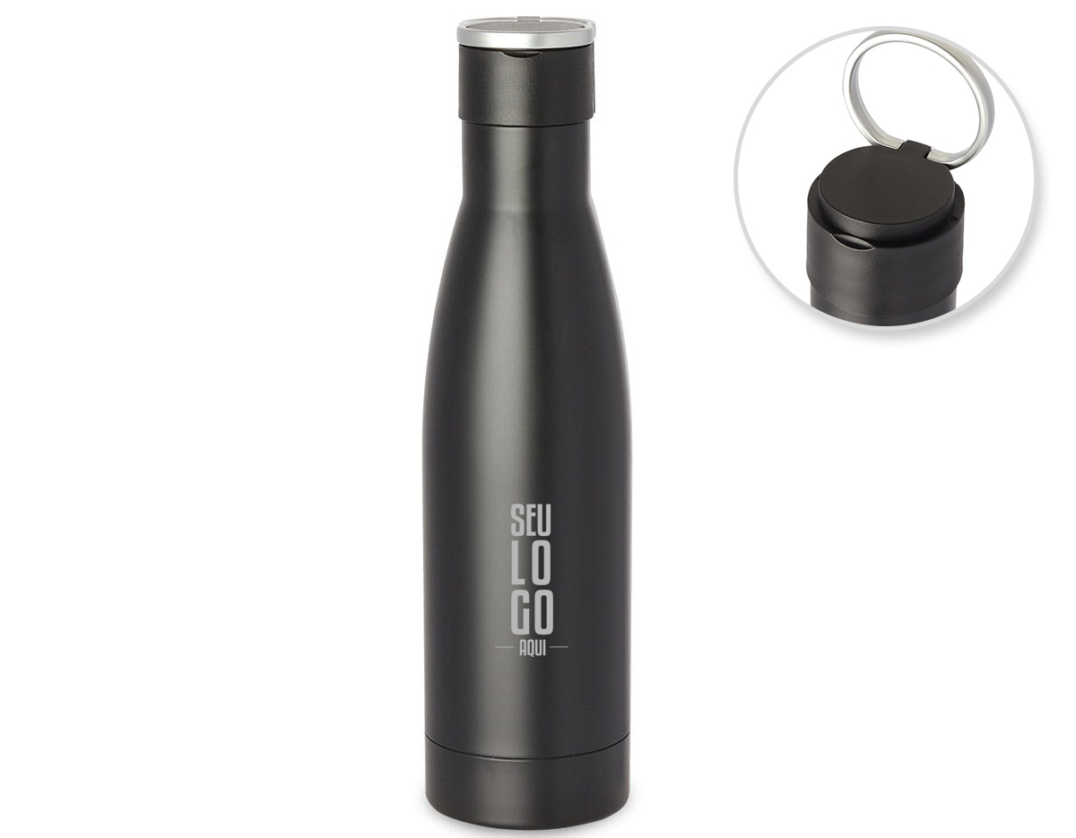 Garrafa térmica em aço inox isolada a vácuo com parede dupla, tampa de plástico com alça de transporte de aço inoxidável. Com capacidade de até 500ml.