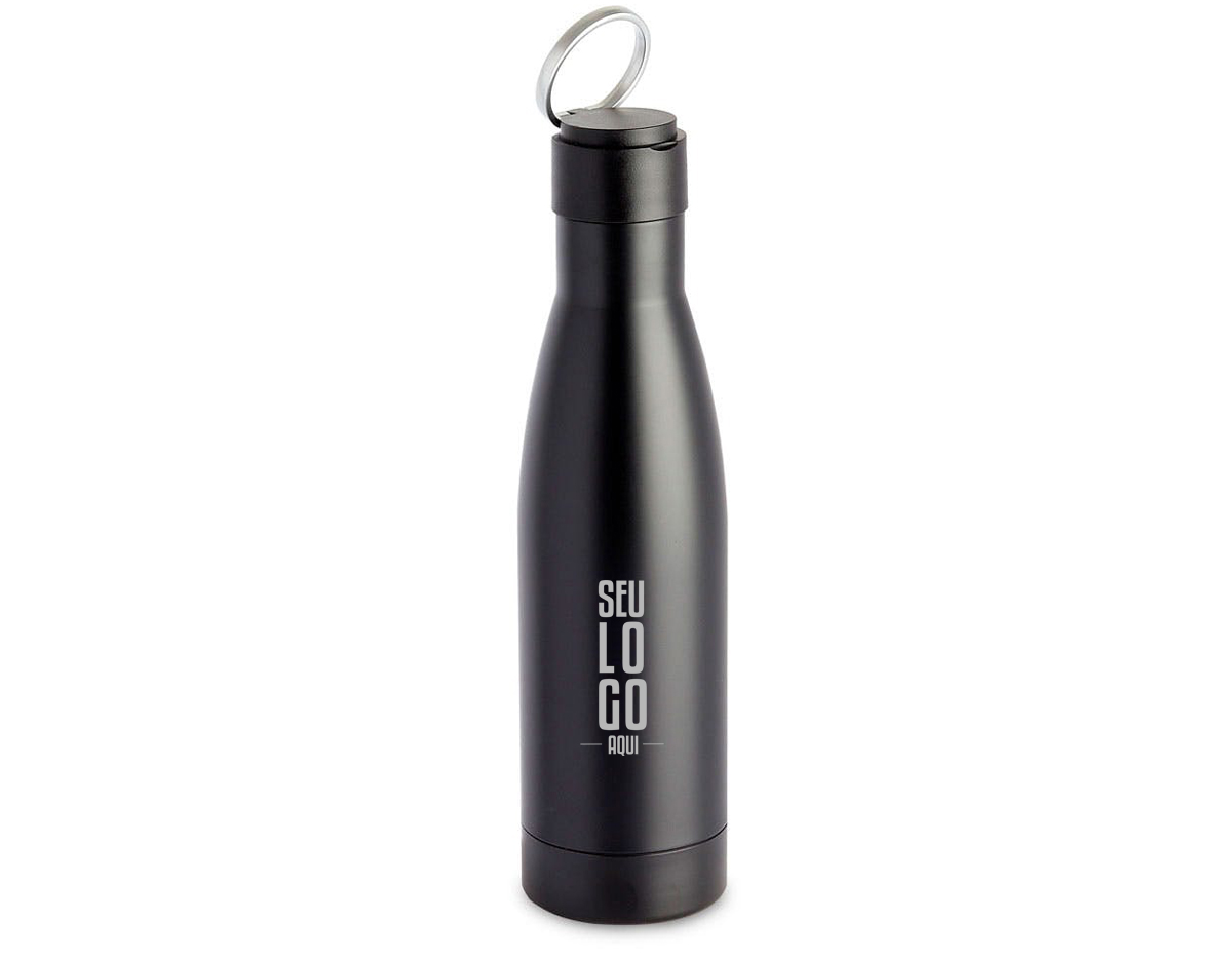 Garrafa térmica em aço inox isolada a vácuo com parede dupla, tampa de plástico com alça de transporte de aço inoxidável. Com capacidade de até 500ml.