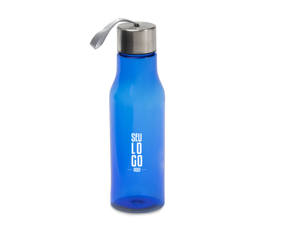 Garrafa plástica 600ml com tampa de alumínio e alça de nylon embutida.