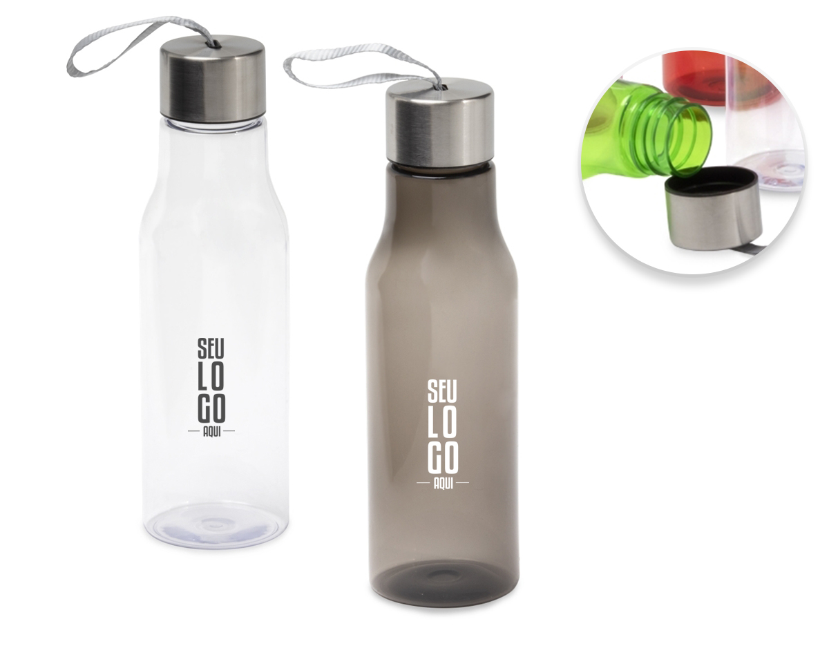 Garrafa plástica 600ml com tampa de alumínio e alça de nylon embutida.