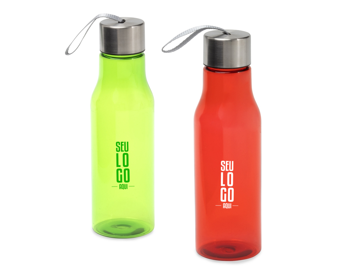 Garrafa plástica 600ml com tampa de alumínio e alça de nylon embutida.