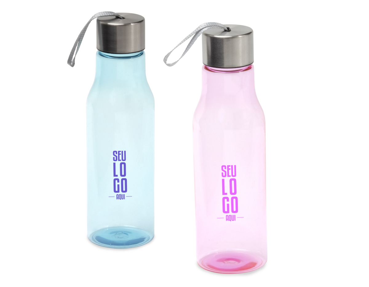 Garrafa plástica 600ml com tampa de alumínio e alça de nylon embutida.