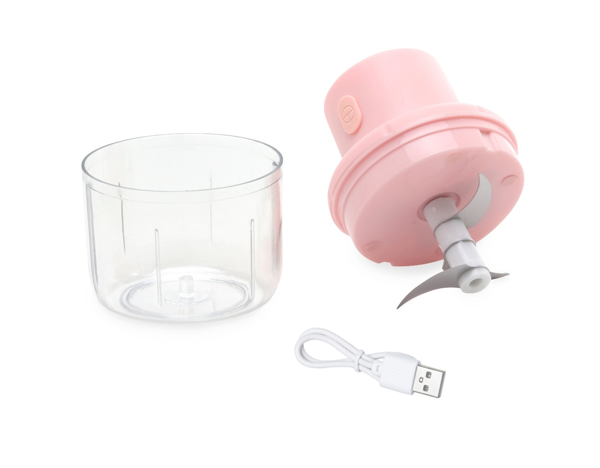 Processador de alimentos automático com lâminas em aço inoxidável. Material plástico, contém tampa com botão de acionamentoe acompanha cabo USB.