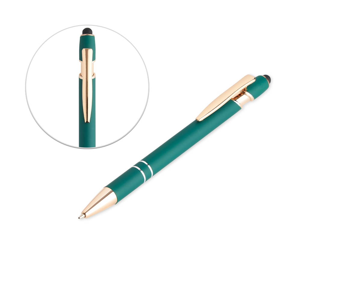 Caneta metálica touchscreen com acabamento similar à borracha, acionamento por clique e carga esferográfica azul 1.0mm.