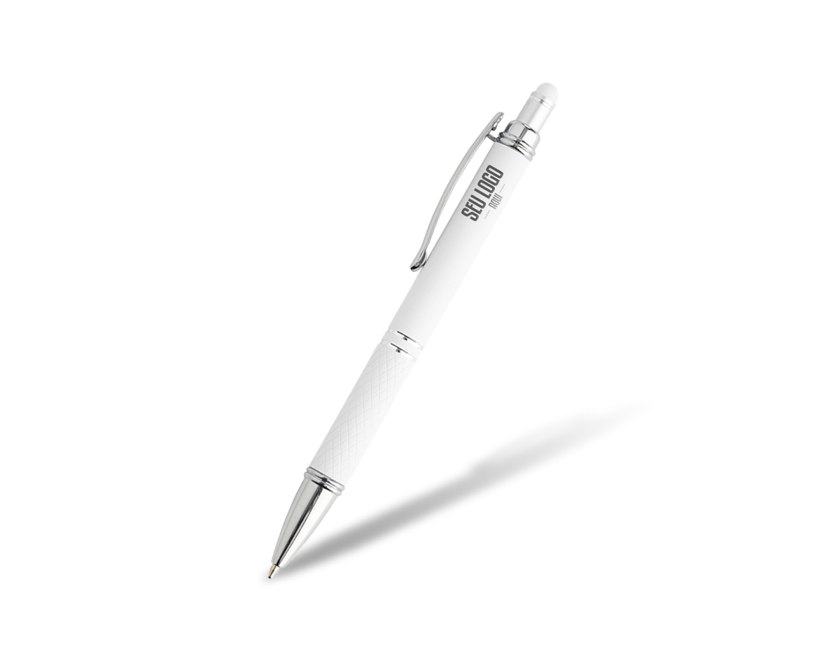 Caneta metálica touchscreen com acabamento similar à borracha e parte inferior texturizada, acionamento por clique e carga esferográfica azul 1.0mm.