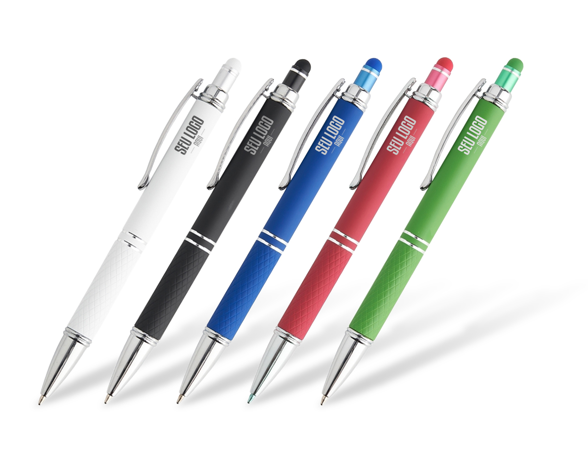 Caneta metálica touchscreen com acabamento similar à borracha e parte inferior texturizada, acionamento por clique e carga esferográfica azul 1.0mm.