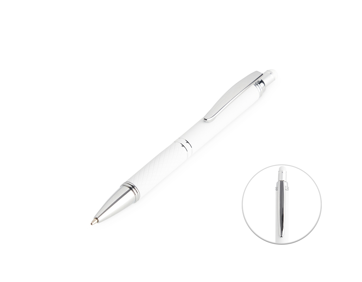 Caneta metálica touchscreen com acabamento similar à borracha e parte inferior texturizada, acionamento por clique e carga esferográfica azul 1.0mm.
