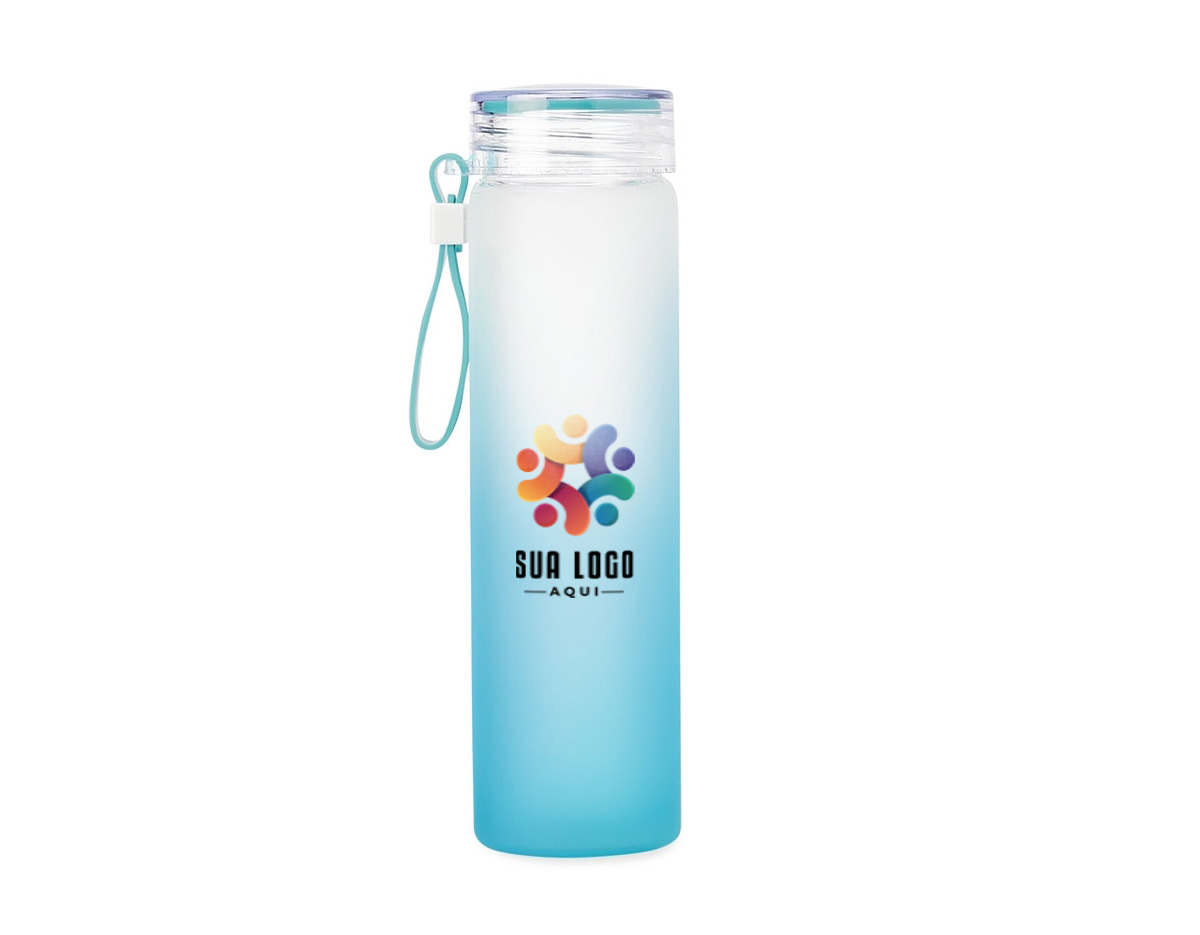  Garrafa de vidro jateado bicolor, capacidade de 470ml. Contém alça de silicone.