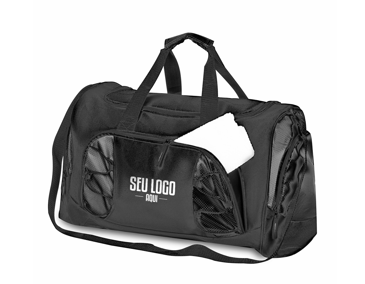 Mala esportiva em tecido poliéster, compartimento interno para roupas e compartimento externo para roupa suja. Na parte inferior da mala possui 4 borrachas de apoio para que a mala não encoste diretamente no chão. Zíper frontal e bolsos laterais, com alça de mão e ombro.