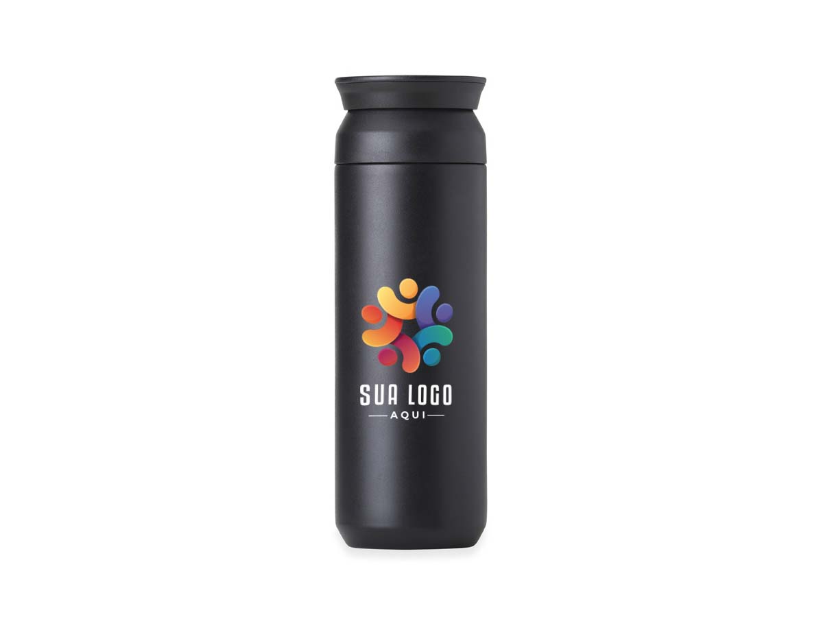 Garrafa térmica feita em inox 304 com parede dupla, capacidade de 470ml. Tampa de abertura dupla.
