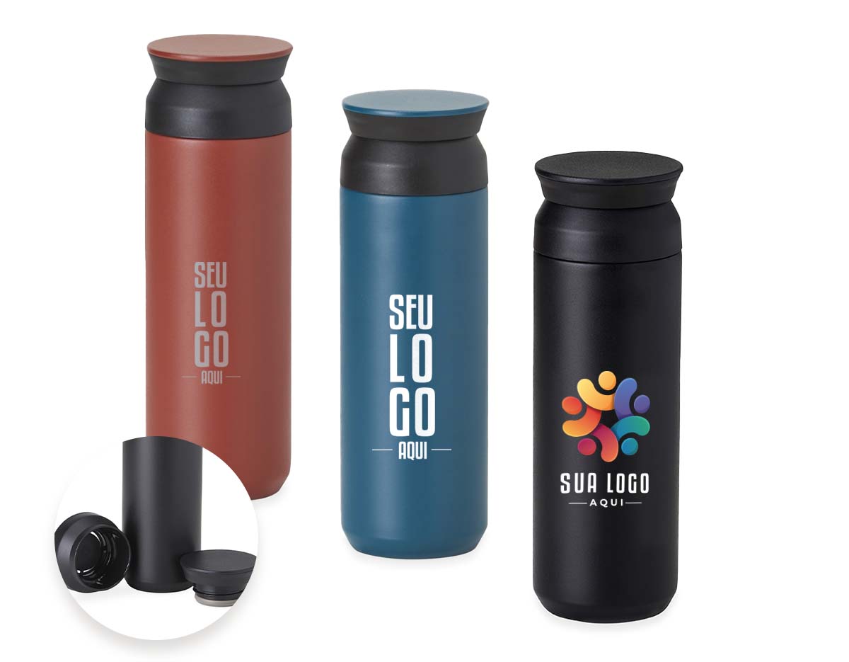 Garrafa térmica feita em inox 304 com parede dupla, capacidade de 470ml. Tampa de abertura dupla.