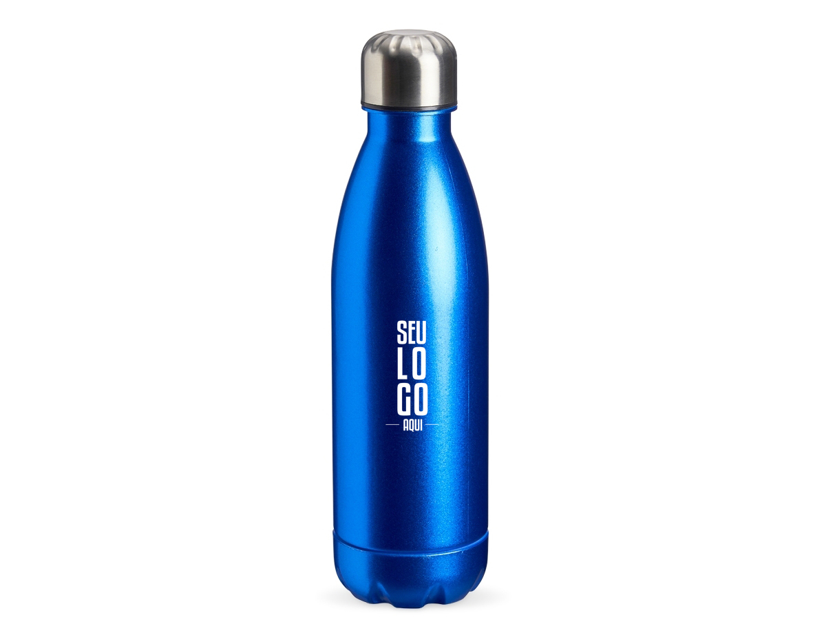 Garrafa plástica com tampa de alumínio, capacidade de 680ml.