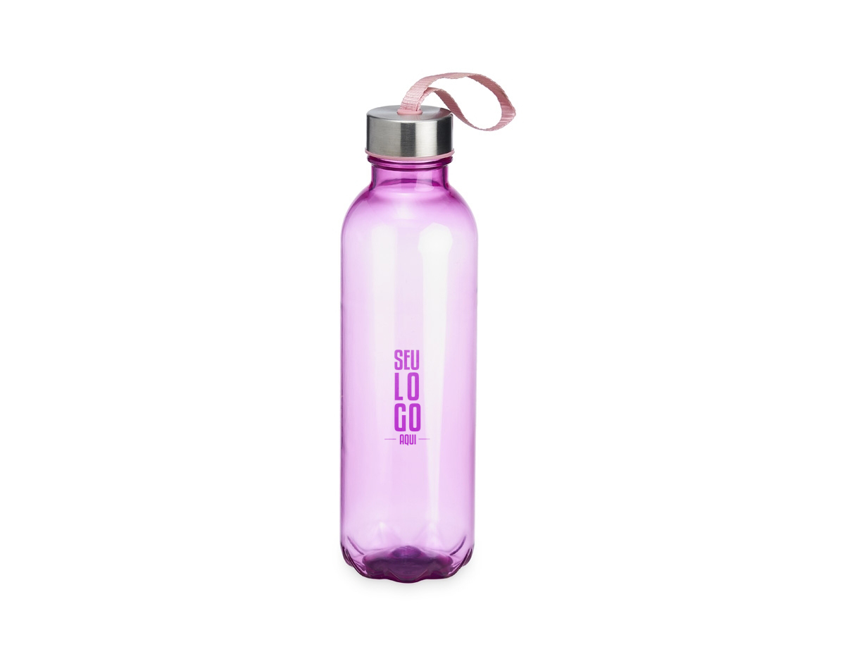 Garrafa PET 650ml com tampa de alumínio e alça para transporte embutida.