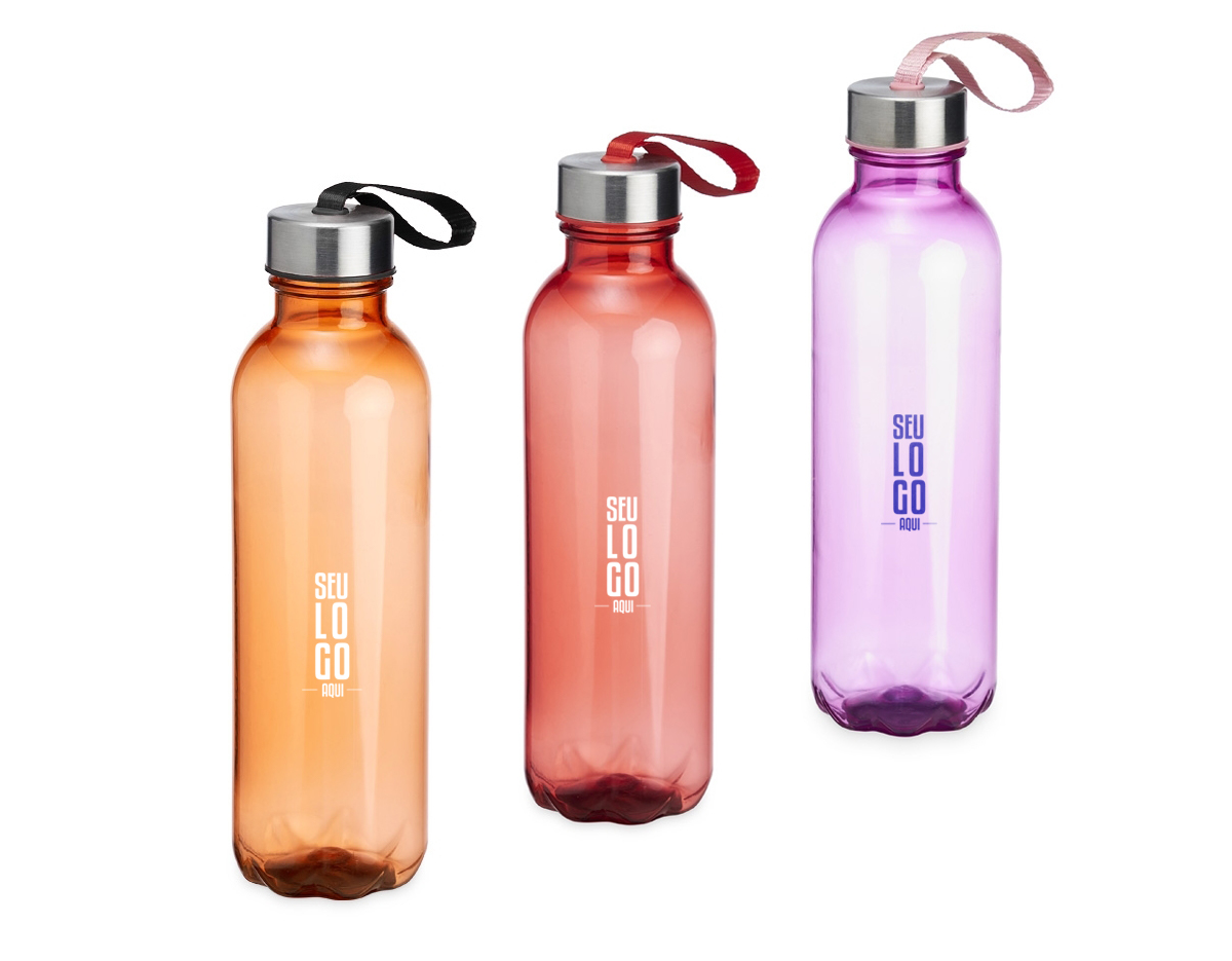 Garrafa PET 650ml com tampa de alumínio e alça para transporte embutida.