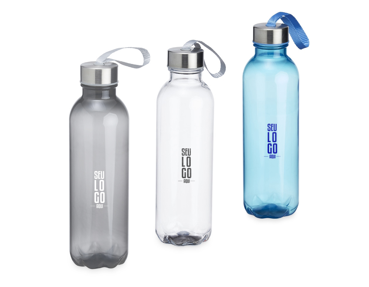 Garrafa PET 650ml com tampa de alumínio e alça para transporte embutida.