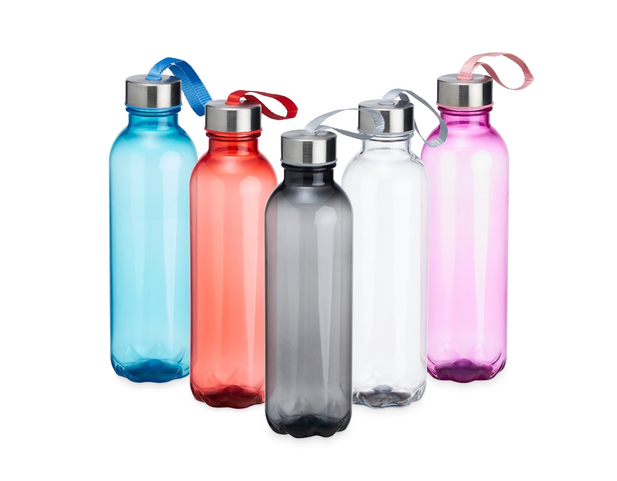 Garrafa PET 650ml com tampa de alumínio e alça para transporte embutida.