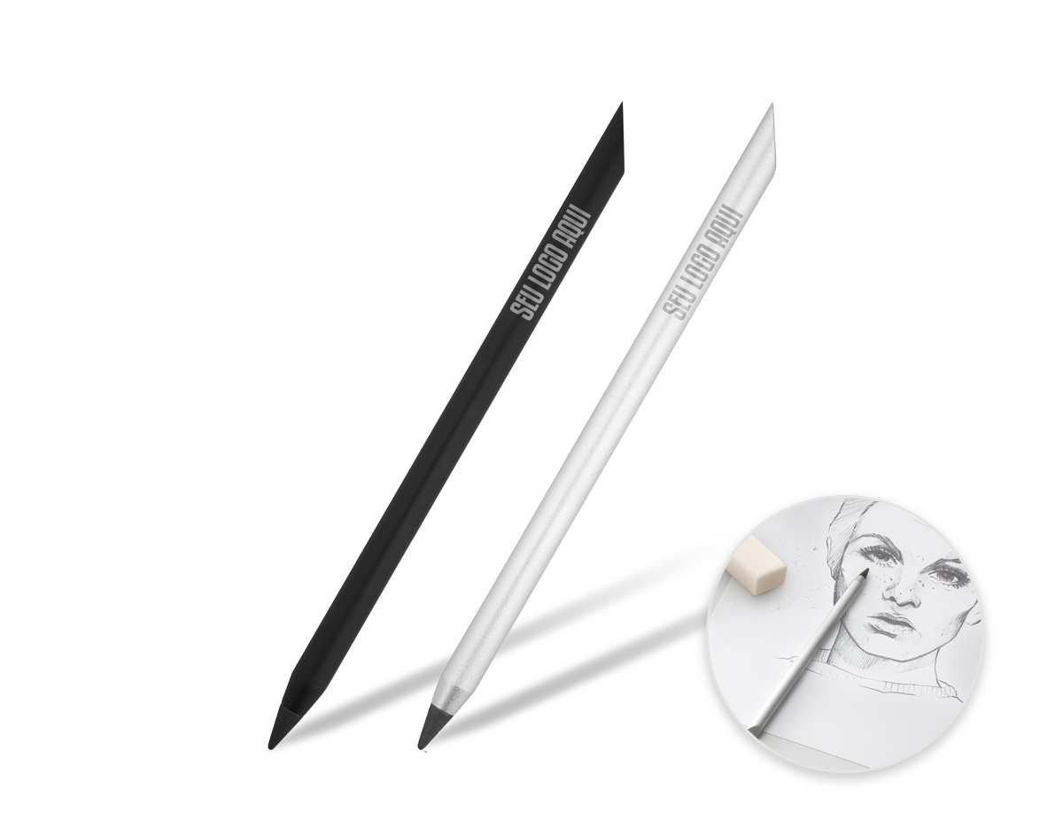 Caneta sem tinta em alumínio com ponta de liga metálica com grafite capaz de durar por muito tempo. Não é necessário afiar e pode apagar o que escrever. Fornecida em caixa craft preta. ø8 x 153 mm