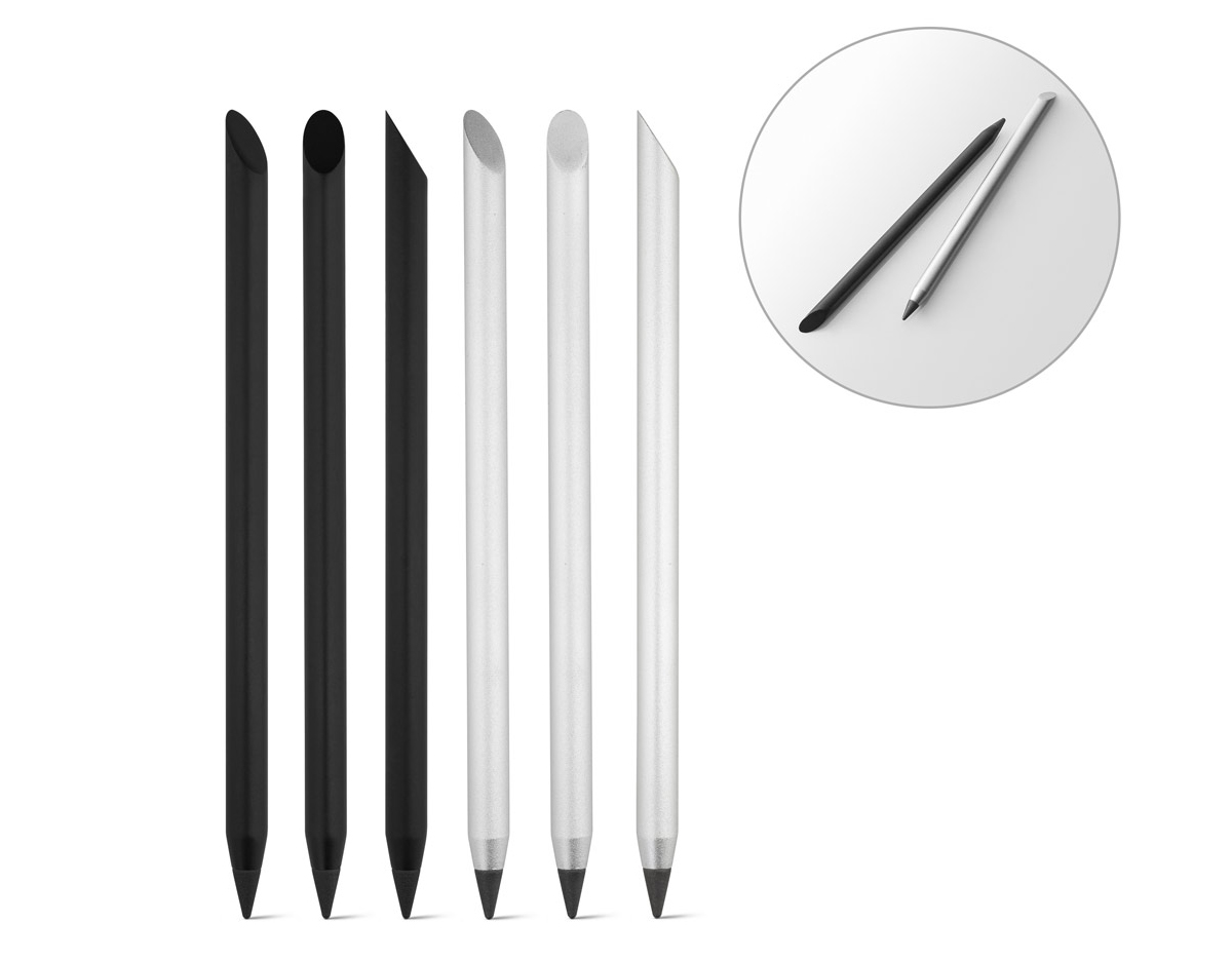 Caneta sem tinta em alumínio com ponta de liga metálica com grafite capaz de durar por muito tempo. Não é necessário afiar e pode apagar o que escrever. Fornecida em caixa craft preta. ø8 x 153 mm