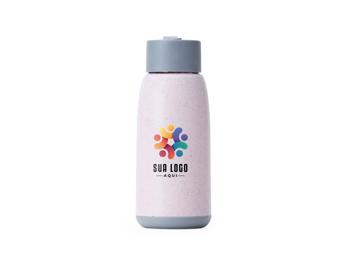 Garrafa de vidro 350ml com revestimento plástico, tampa plástica com alça de silicone.
