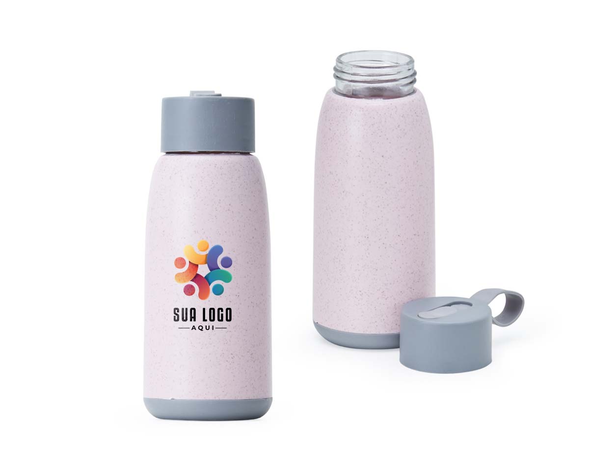 Garrafa de vidro 350ml com revestimento plástico, tampa plástica com alça de silicone.