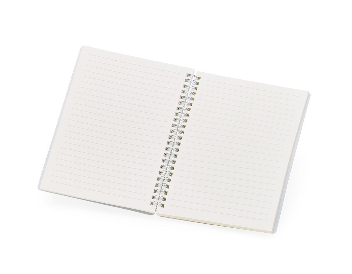 Caderno A5 com capa plástica e elástico para lacre, contém aproximadamente 80 folhas marfim com pauta.