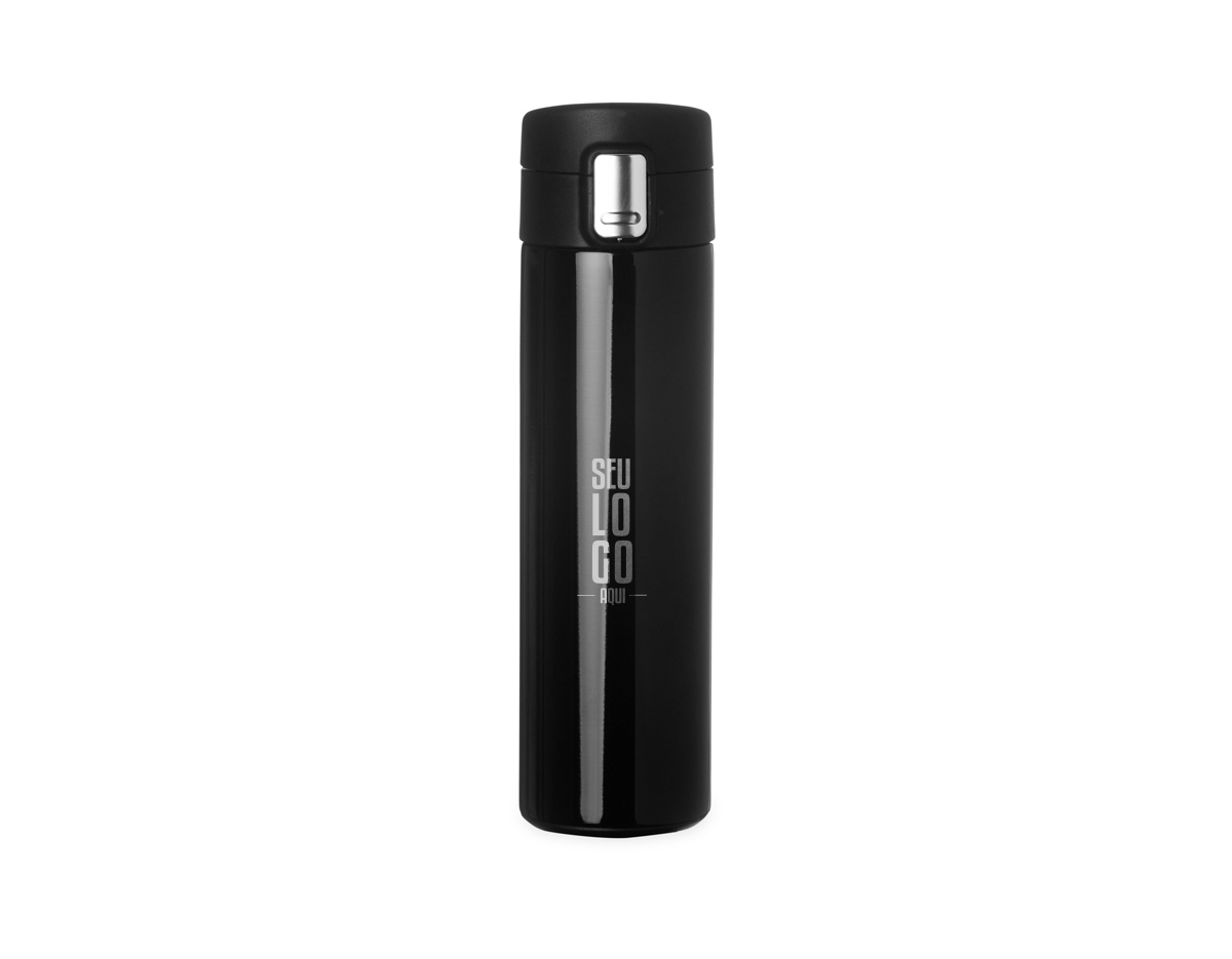 Garrafa inox 304 com capacidade de 400ml, tampa com botão de acionamento e trava de segurança.