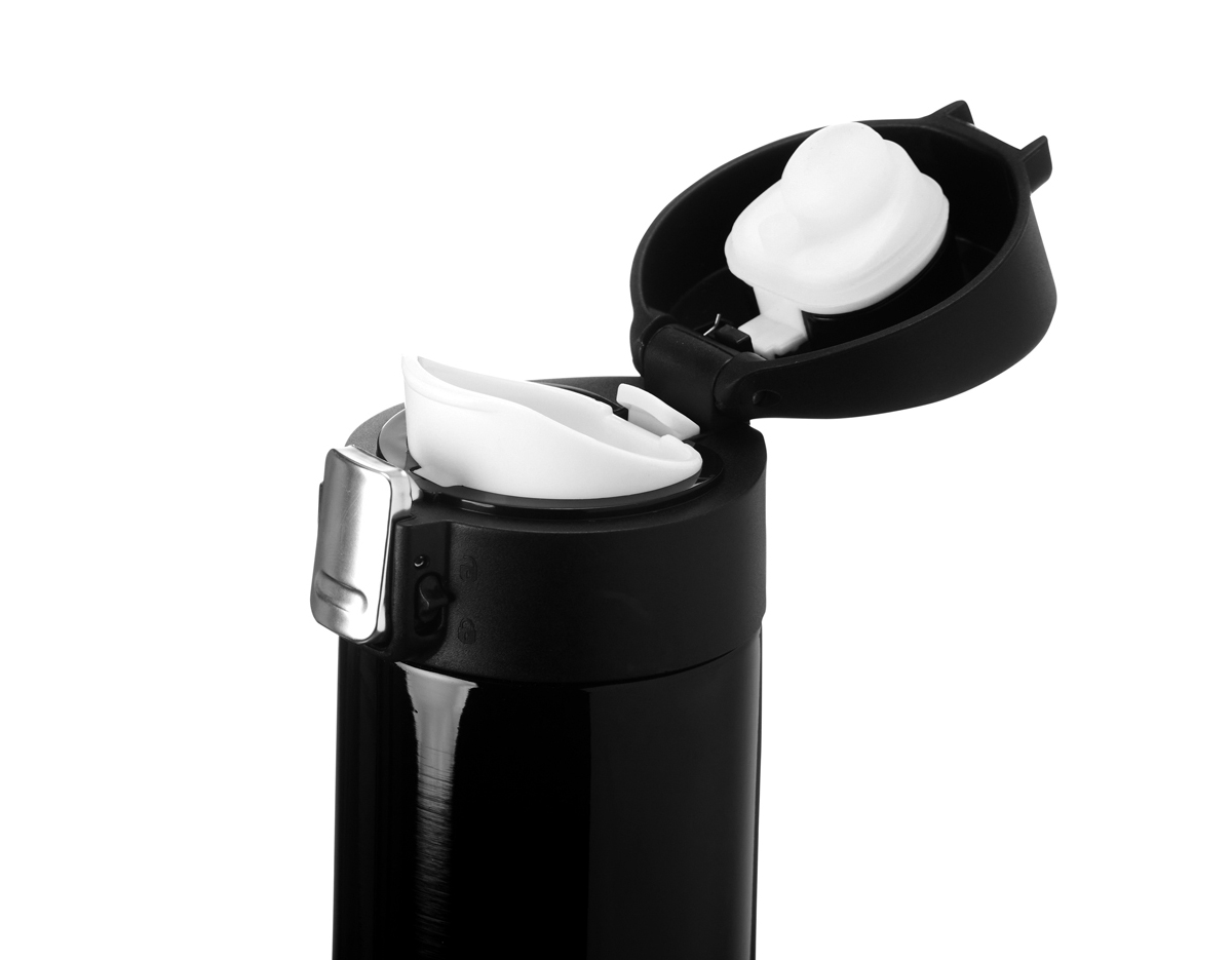 Garrafa inox 304 com capacidade de 400ml, tampa com botão de acionamento e trava de segurança.