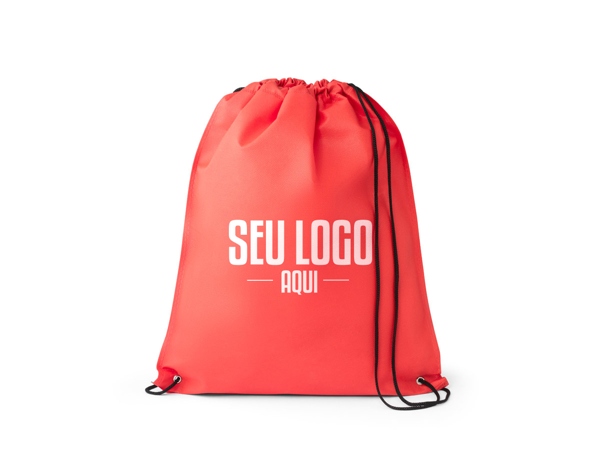Sacola tipo mochila em non-woven (80 m/g²) termo-selado com ilhós e cordão 4/1 preto. 330 x 400 mm