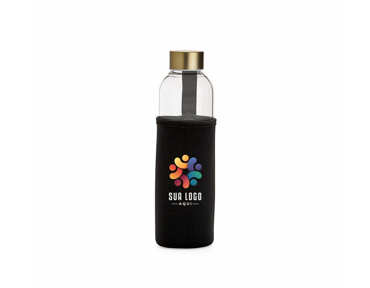 Garrafa de vidro borossilicato com capacidade de 650ml, acompanha capa de neoprene com alça para transporte. Tampa de alumínio.