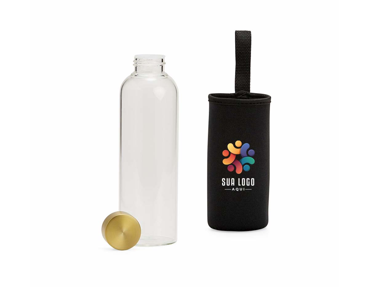 Garrafa de vidro borossilicato com capacidade de 650ml, acompanha capa de neoprene com alça para transporte. Tampa de alumínio.