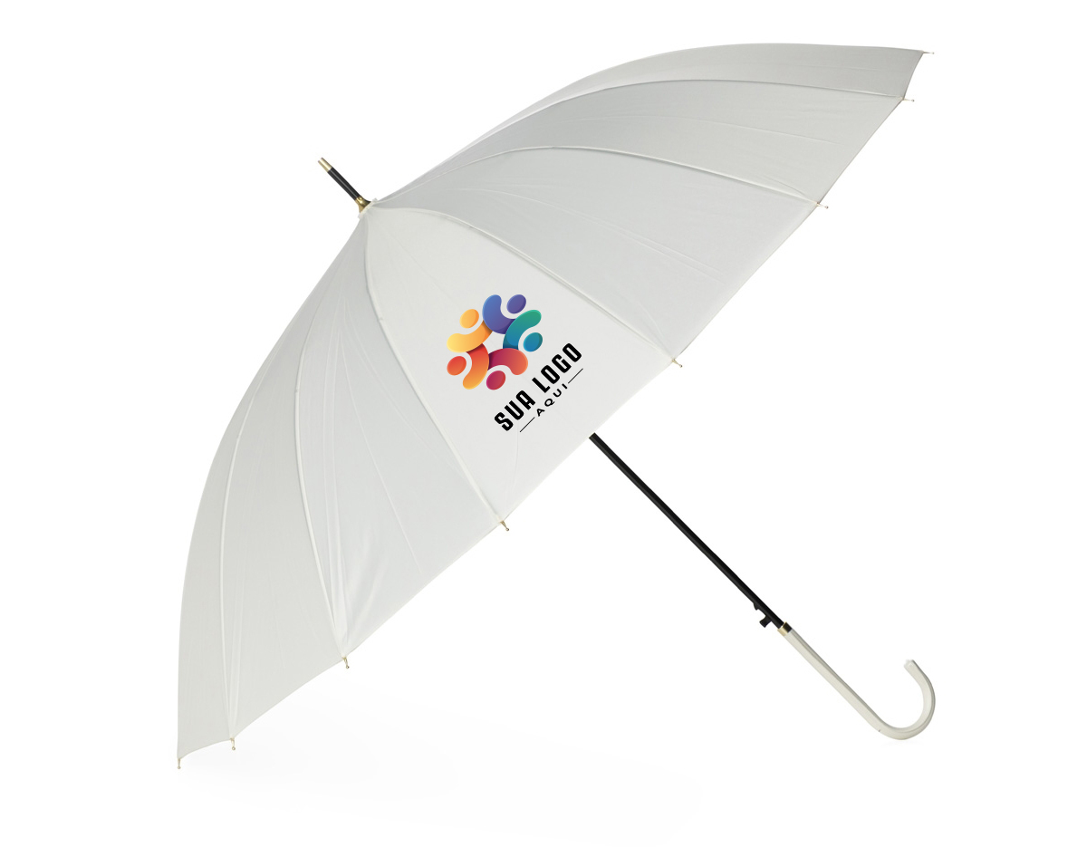 Guarda-chuva de poliéster com abertura automática, estrutura em aço e 16 varetas em fibra de vidro. Possui pegador em couro sintético com botão de acionamento.