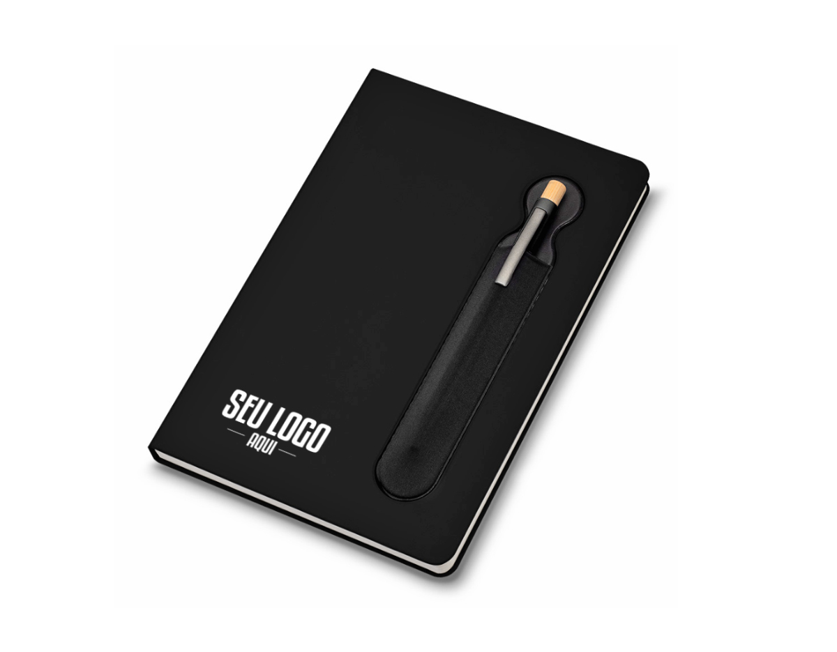 Caderno de anotações com pauta, e com suporte para caneta, capa dura em PU, miolo 80 folhas pautadas na cor bege. NÃO ACOMPANHA CANETA