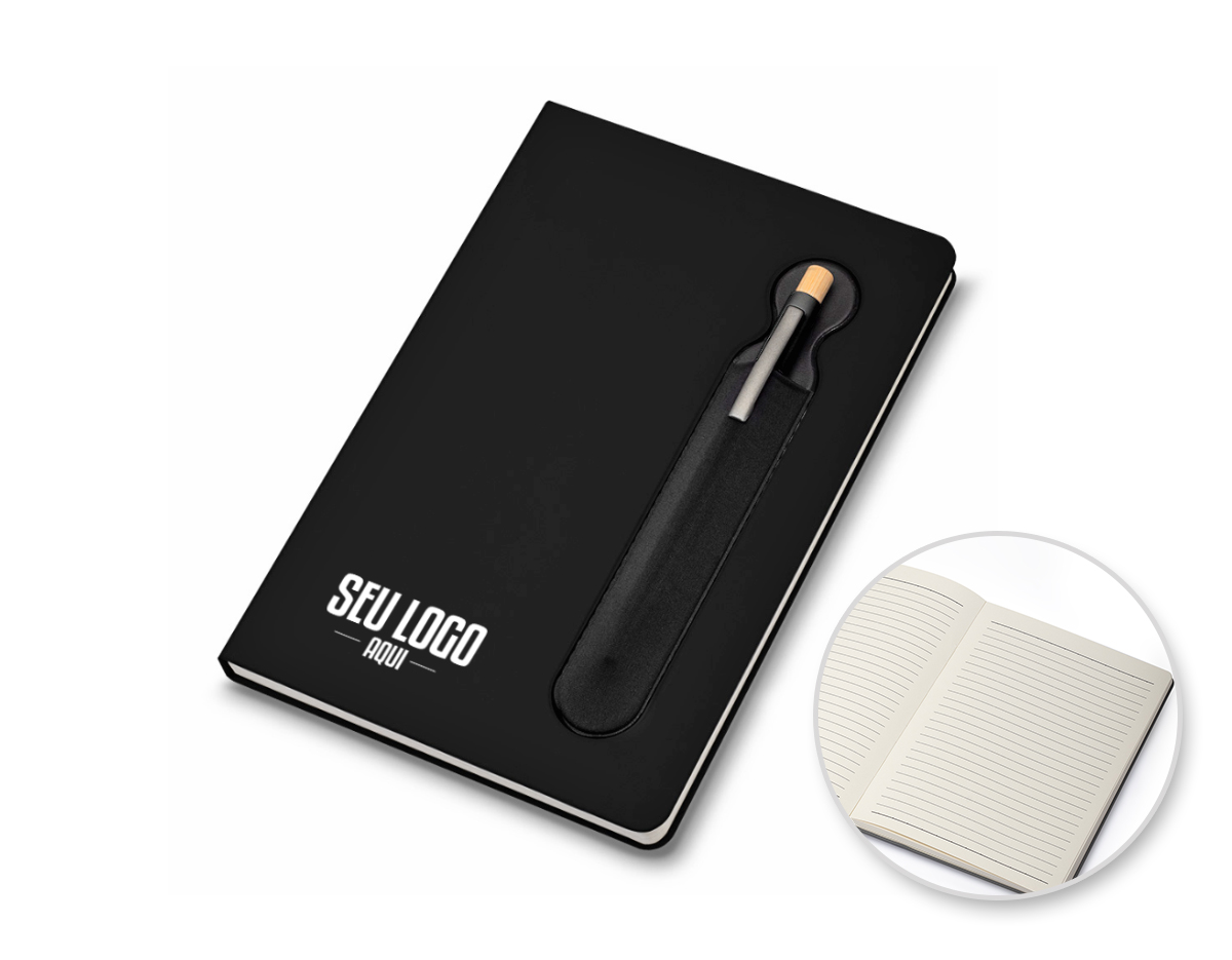 Caderno de anotações com pauta, e com suporte para caneta, capa dura em PU, miolo 80 folhas pautadas na cor bege. NÃO ACOMPANHA CANETA