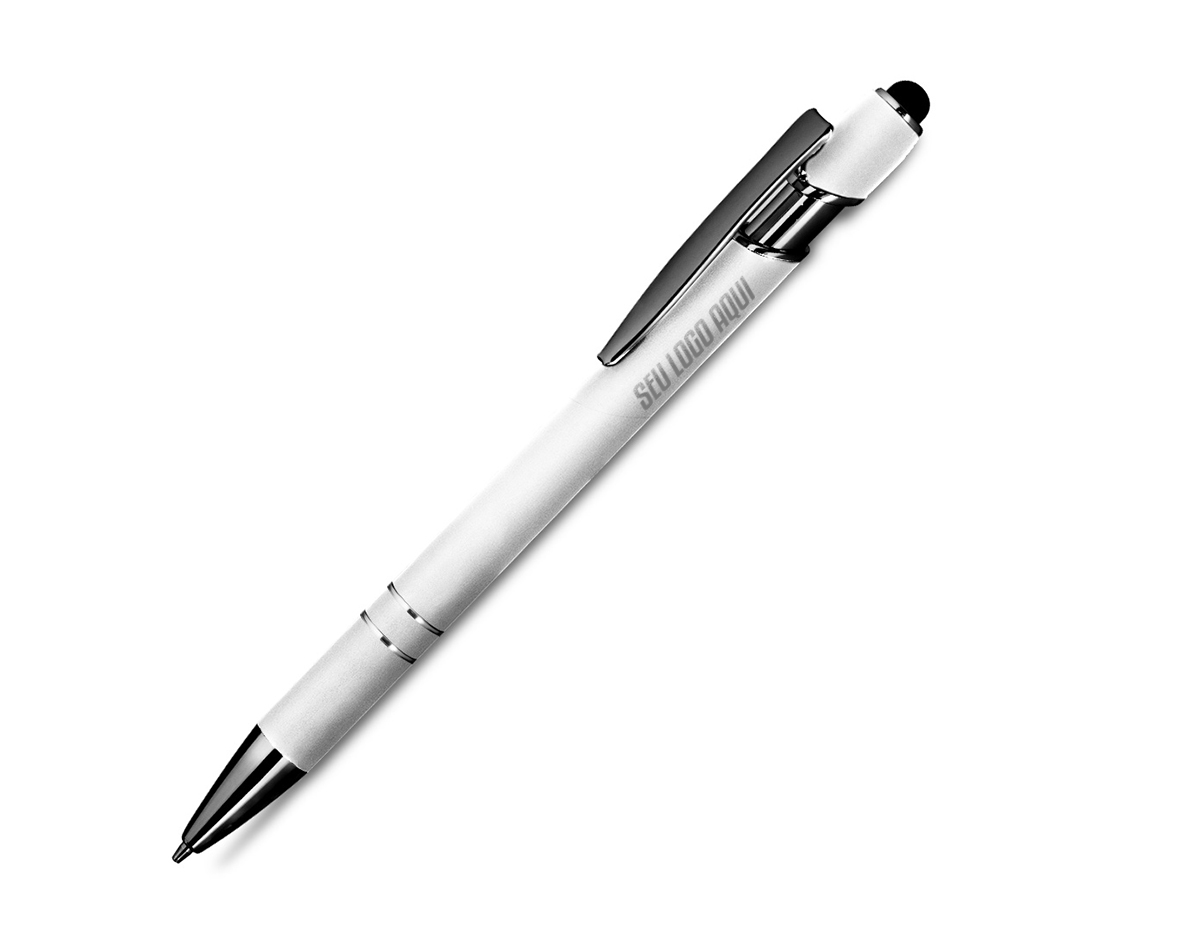 Caneta esferográfica em metal com escrita em azul. Possui refil tipo Parker e ponta touch emborrachada, oferecendo conforto e precisão ao escrever, ideal para uso em dispositivos com tela sensível ao toque.