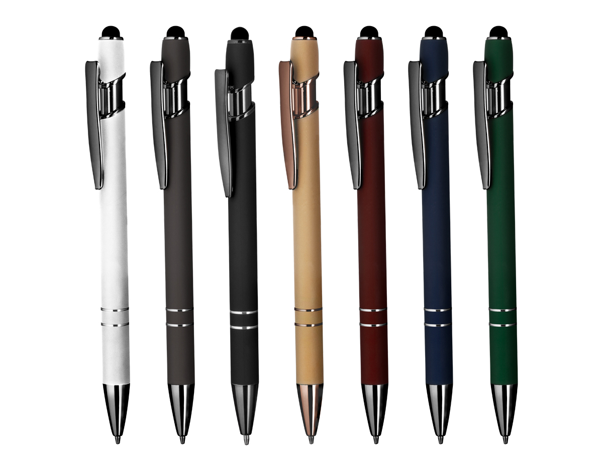 Caneta esferográfica em metal com escrita em azul. Possui refil tipo Parker e ponta touch emborrachada, oferecendo conforto e precisão ao escrever, ideal para uso em dispositivos com tela sensível ao toque.