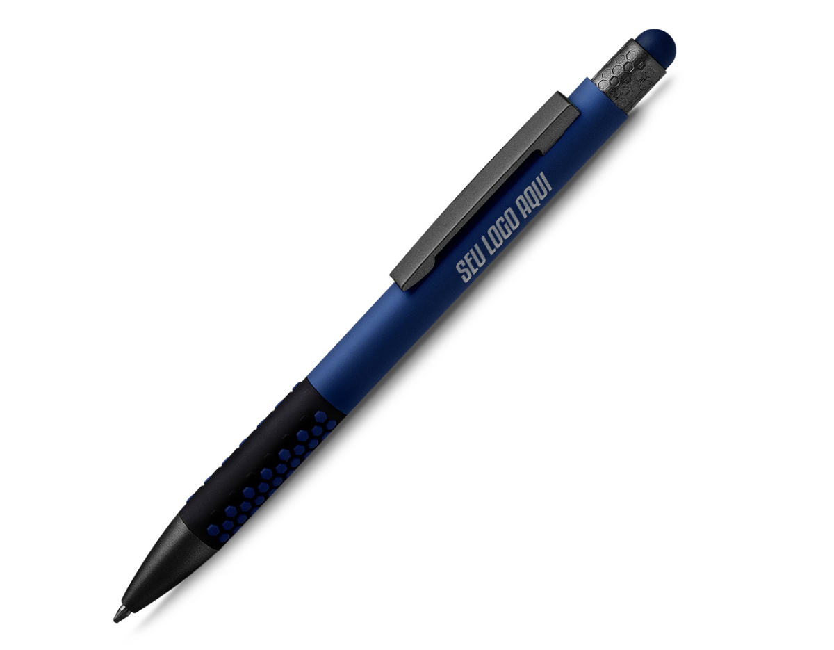 Caneta esferográfica em metal escrita em azul. Refil tipo parker, ponta touch emborrachada.