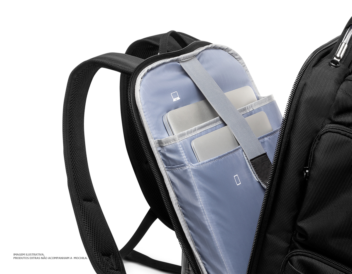 Mochila Premium para notebook em tecido poliéster.
Parte Externa:
Alça de mão com cabo de aço e pegador emborrachado.
Bolso frontal, dois bolsos laterais.
Saída para fone de ouvido e USB.
Forro de costas acolchoado.
Engate para peitoral, ideal para corridas ou caminhadas com a mochila.
Parte Interna:
Compartimento acolchoado p/ notebook.
Compartimento acolchoado p/ tablet.
Divisórias internas