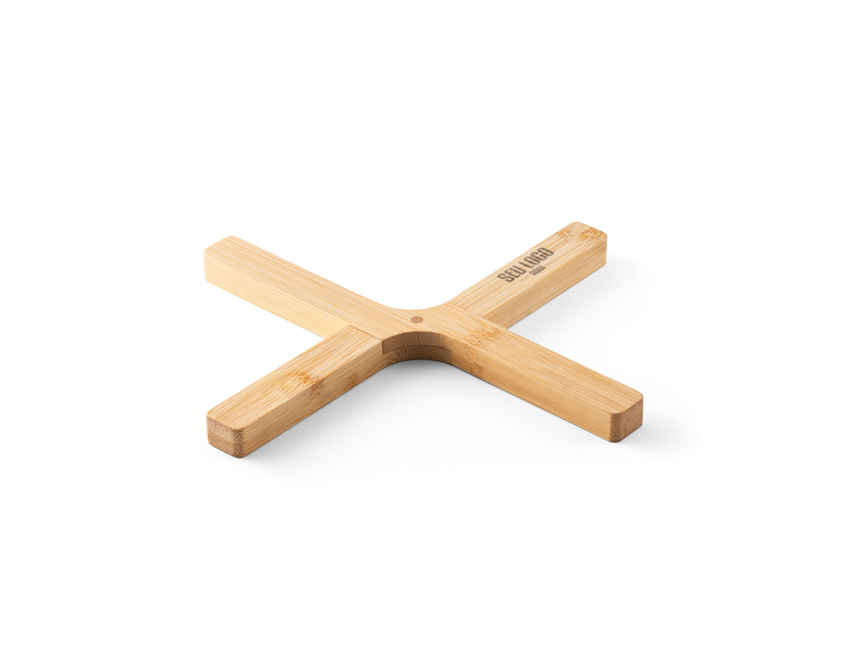 Descanso de panela dobrável em bambu.Fechado: 215 x 40 x 14 mm | Aberto: 180 x 150 x 14 mm